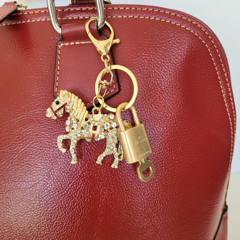 Louis Vuitton Padlock 303 & Rhinestone Horse Bag Charm Keychain Gold Tone